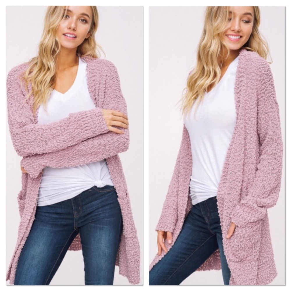 SALE! Mauve Popcorn Chunky Knit Sweater Cardigan - Picture 5 of 6